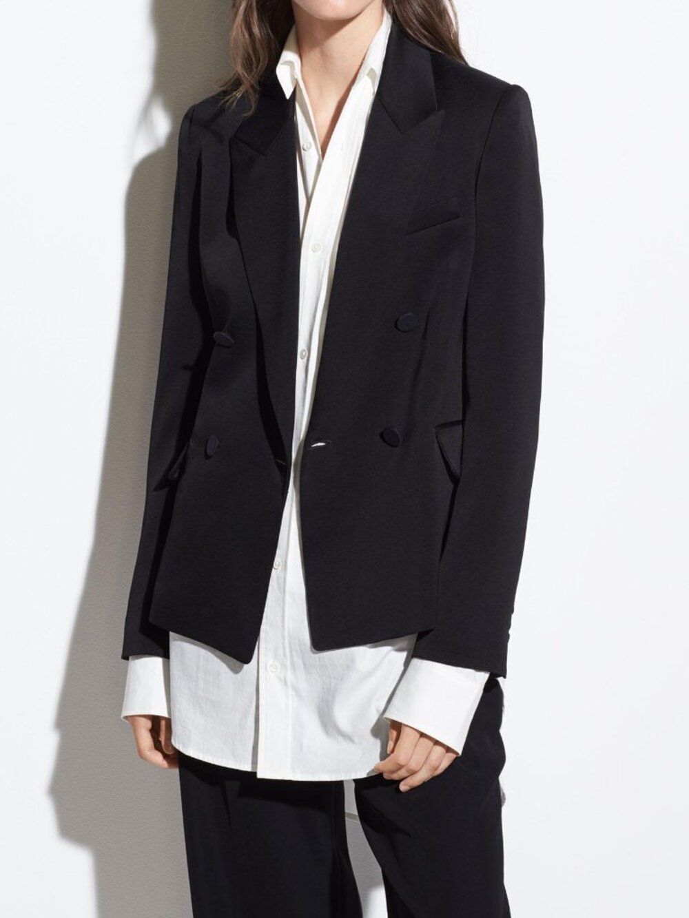 NWT Vince Double Breasted Satin Crepe Tuxedo Blazer Jacket Black Size 4 $445